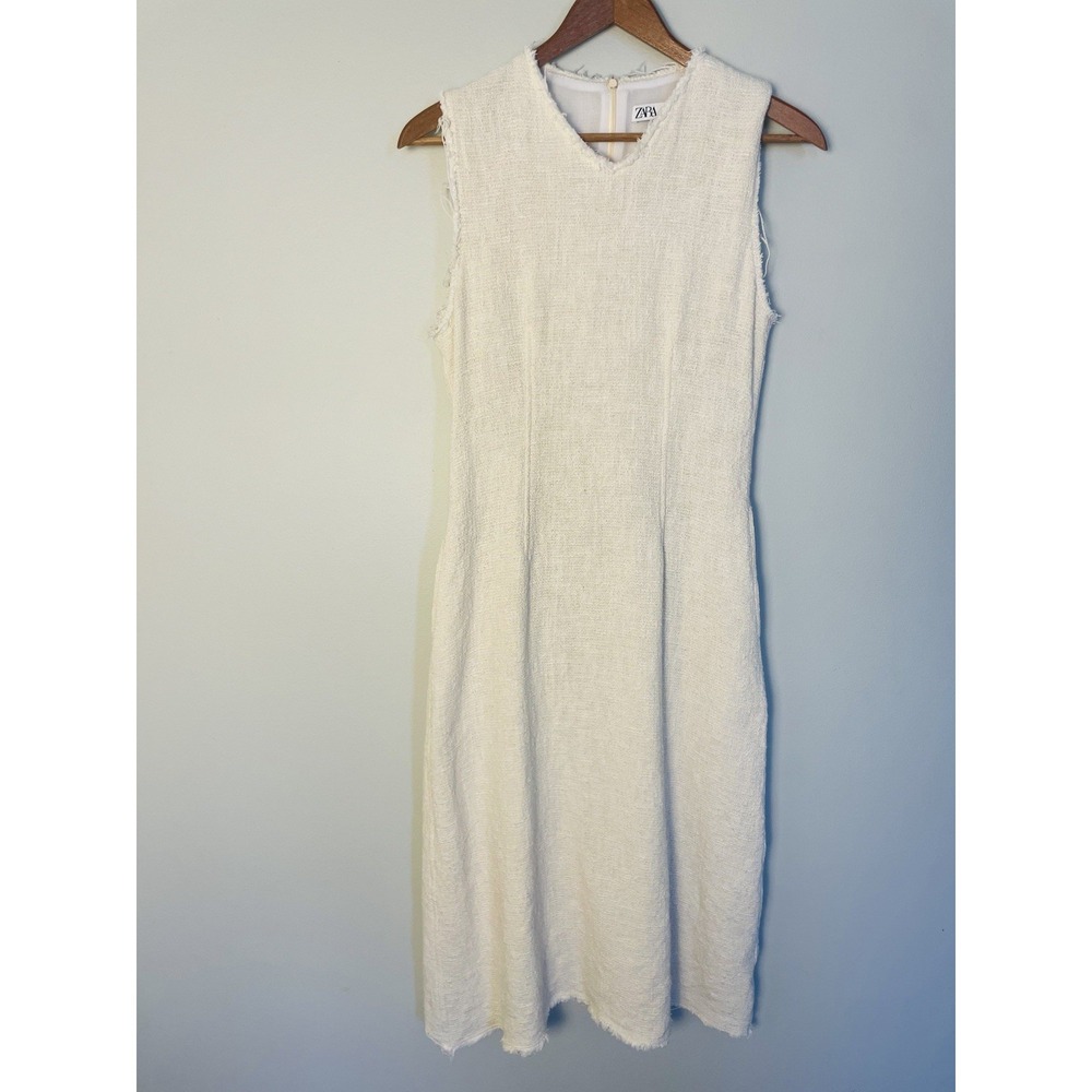 Zara Textured Cotton Raw Hem‎ Sleeveless Cream MIDI Dress. Size S/M.